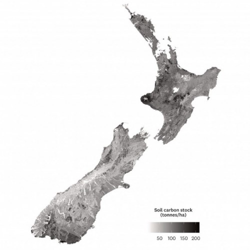 Manaaki Whenua Landcare Research Map showing New Zealand's soil carbon stocks.